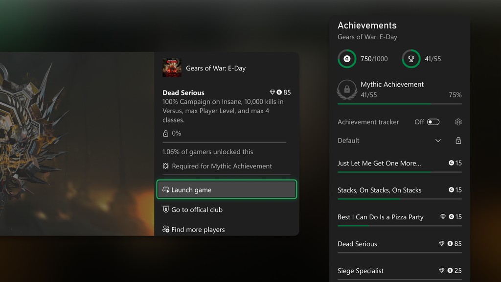 Xbox 个人档案里的成就列表界面