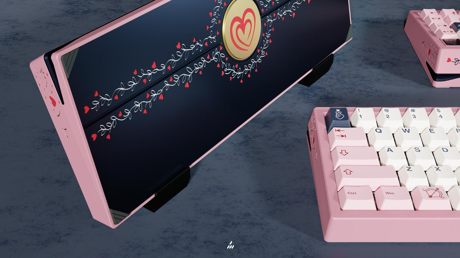 ZOOM65 V3 丘比特联名气囊铭牌与粉白键帽特写